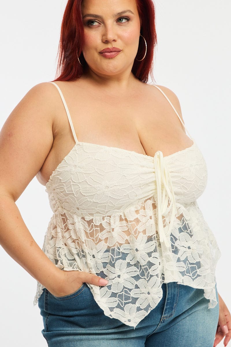 White Lace Cami Top Sleeveless Asymmetric Hem for YouandAll Fashion
