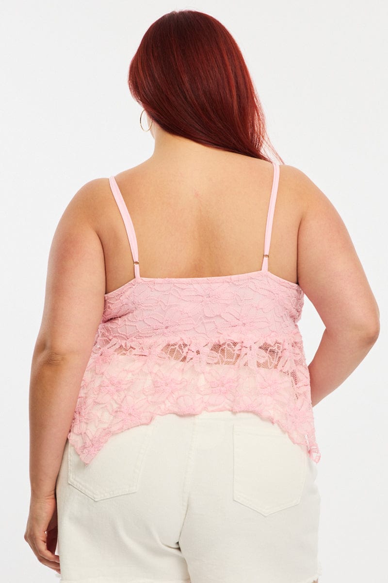 Pink Lace Cami Top Sleeveless Asymmetric Hem for YouandAll Fashion