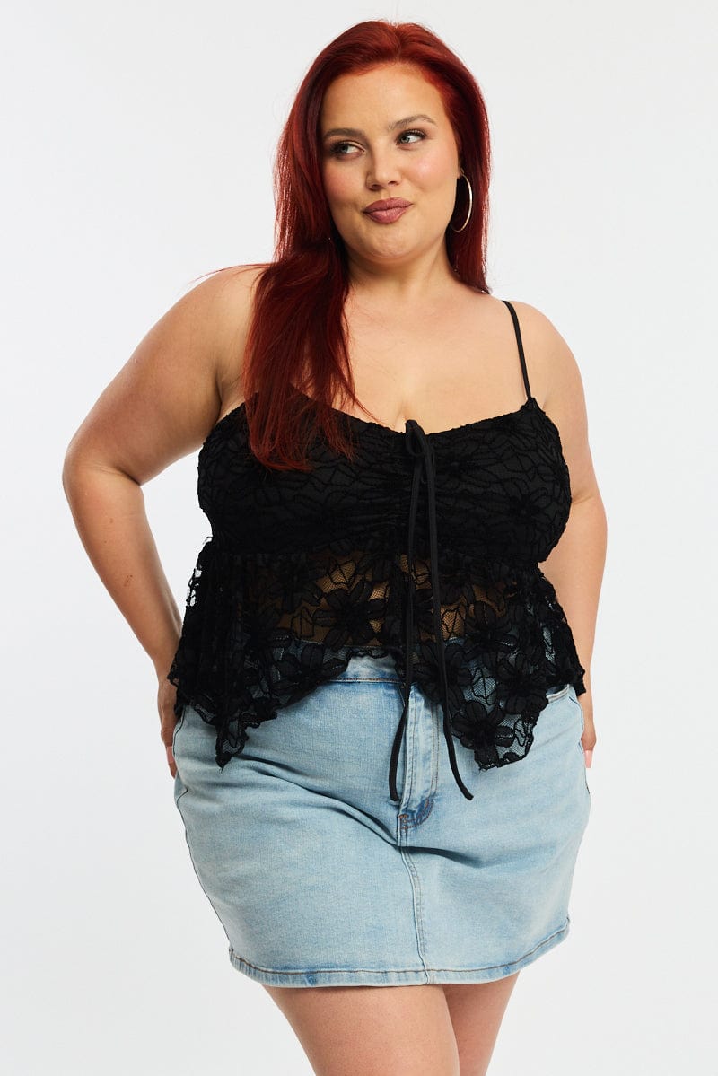 Black Lace Cami Top Sleeveless Asymmetric Hem for YouandAll Fashion
