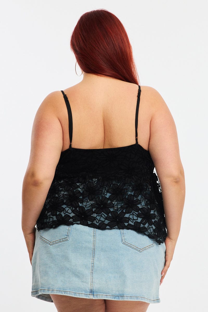Black Lace Cami Top Sleeveless Asymmetric Hem for YouandAll Fashion