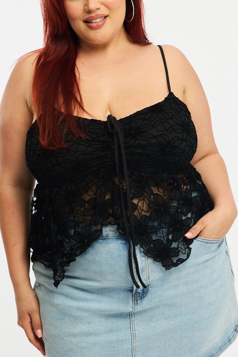 Black Lace Cami Top Sleeveless Asymmetric Hem for YouandAll Fashion