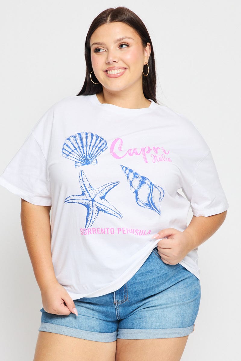 White Graphic Tee Short Sleeve Seashells for YouandAll Fashion