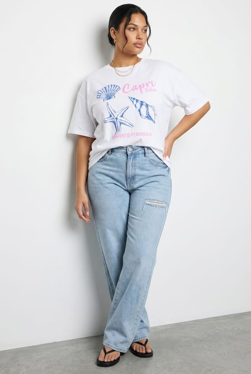 White Graphic Tee Short Sleeve Seashells for YouandAll Fashion