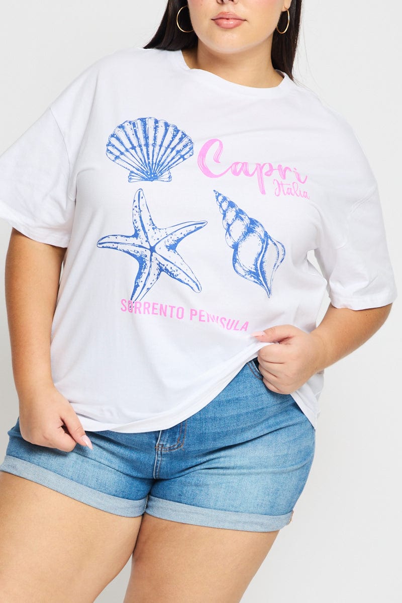 White Graphic Tee Short Sleeve Seashells for YouandAll Fashion