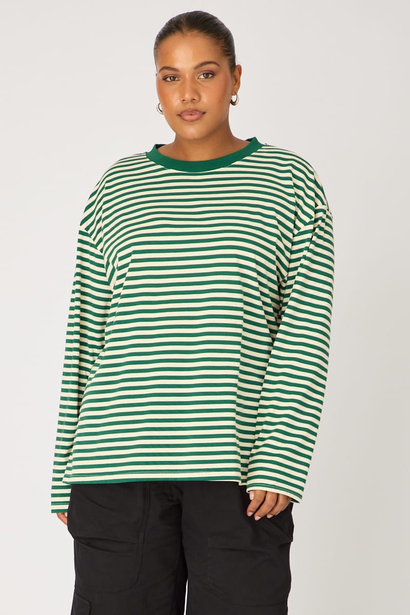 Green Stripe Relaxed Top Long Sleeve for YouandAll Fashion
