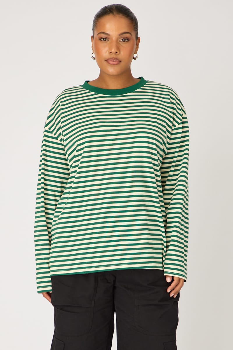 Green Stripe Relaxed Top Long Sleeve for YouandAll Fashion