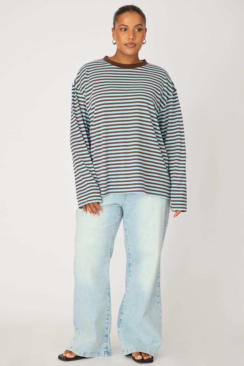 Blue Stripe Relaxed Top Long Sleeve for YouandAll Fashion