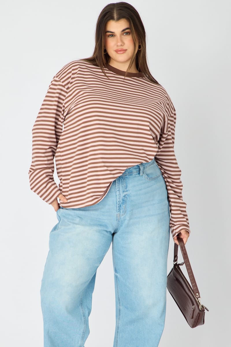 Pink Stripe Relaxed Top Long Sleeve for YouandAll Fashion
