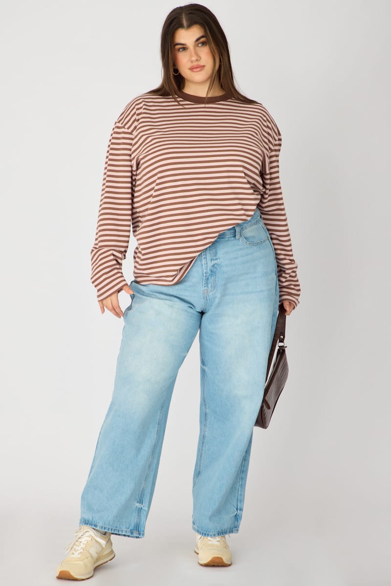 Pink Stripe Relaxed Top Long Sleeve for YouandAll Fashion