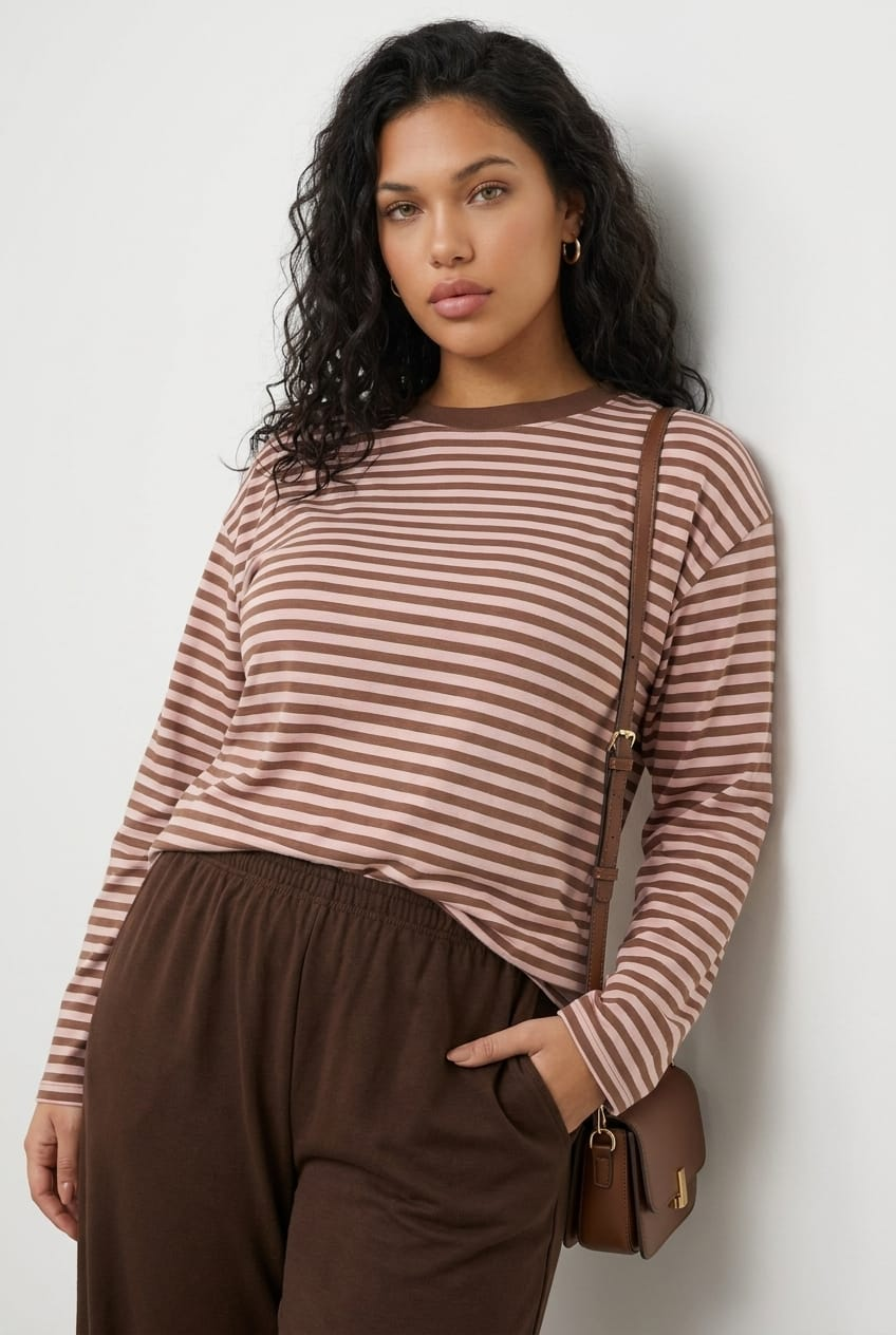Pink Stripe Relaxed Top Long Sleeve for YouandAll Fashion