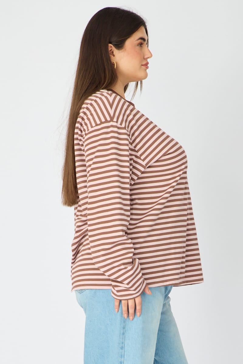 Pink Stripe Relaxed Top Long Sleeve for YouandAll Fashion
