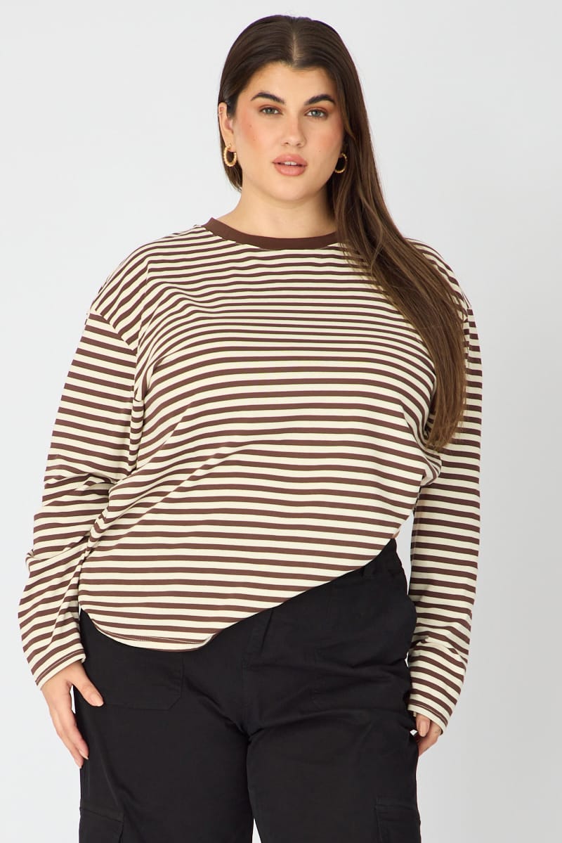 Brown Stripe Relaxed Top Long Sleeve for YouandAll Fashion