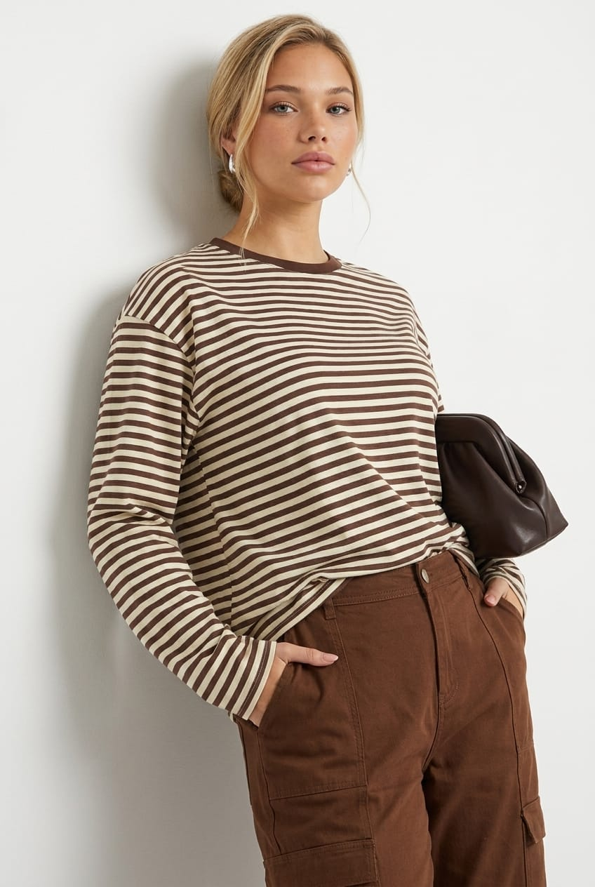 Brown Stripe Relaxed Top Long Sleeve for YouandAll Fashion