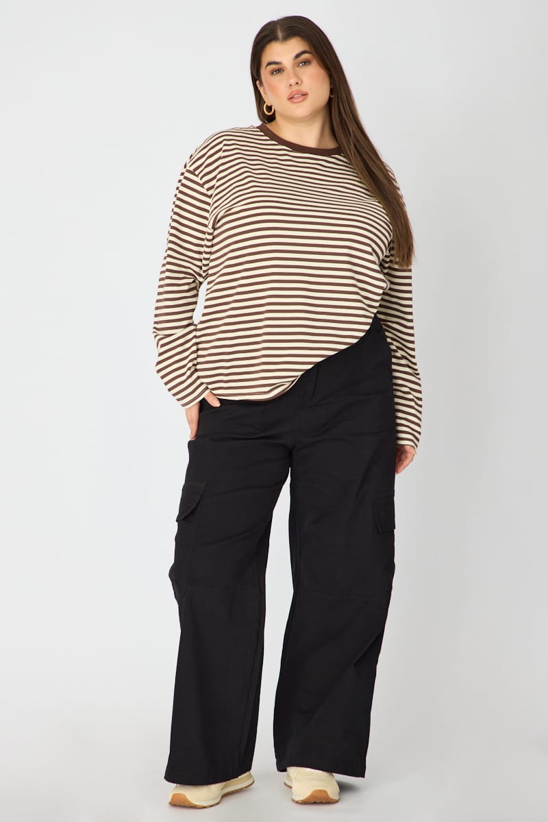 Brown Stripe Relaxed Top Long Sleeve for YouandAll Fashion