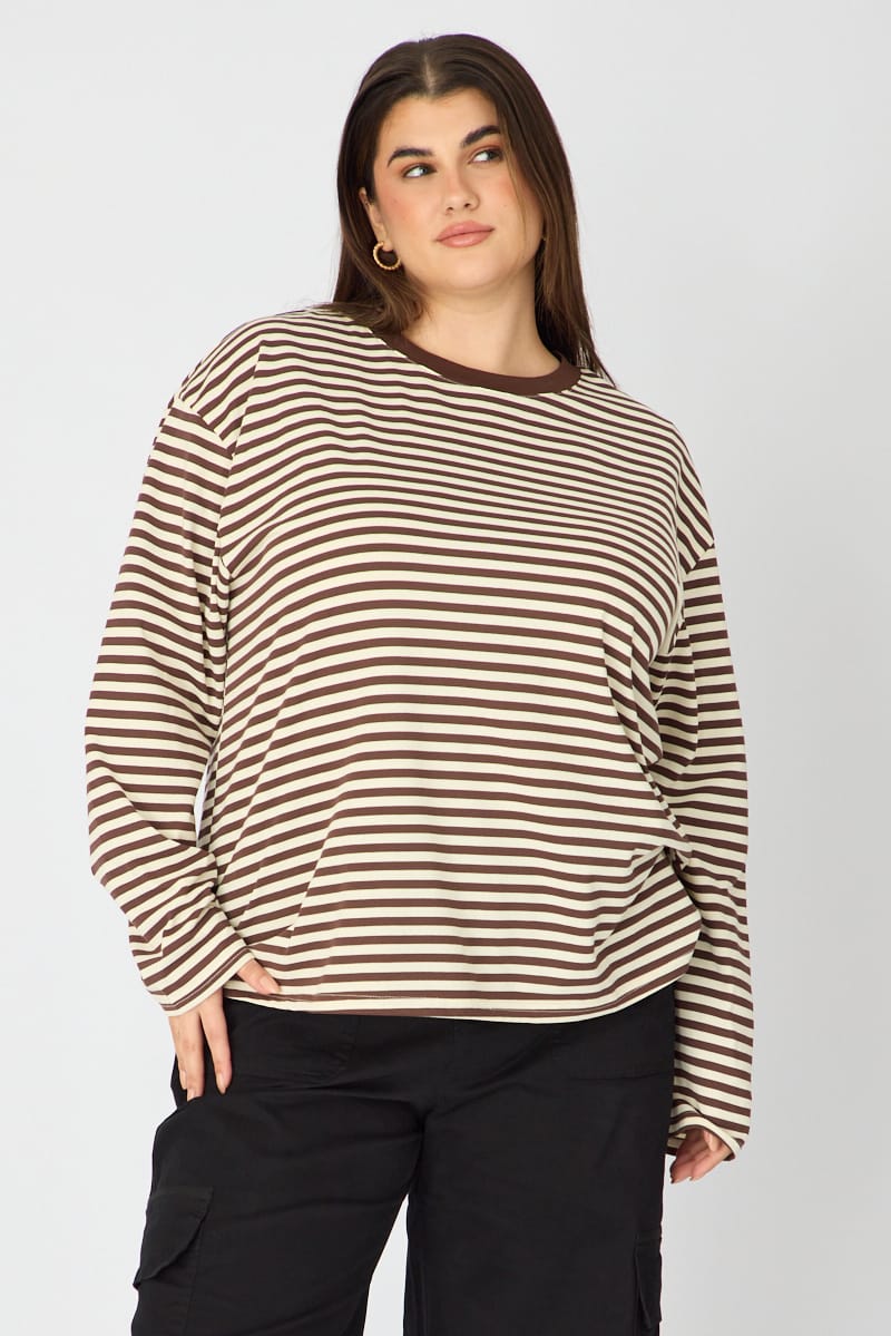 Brown Stripe Relaxed Top Long Sleeve for YouandAll Fashion