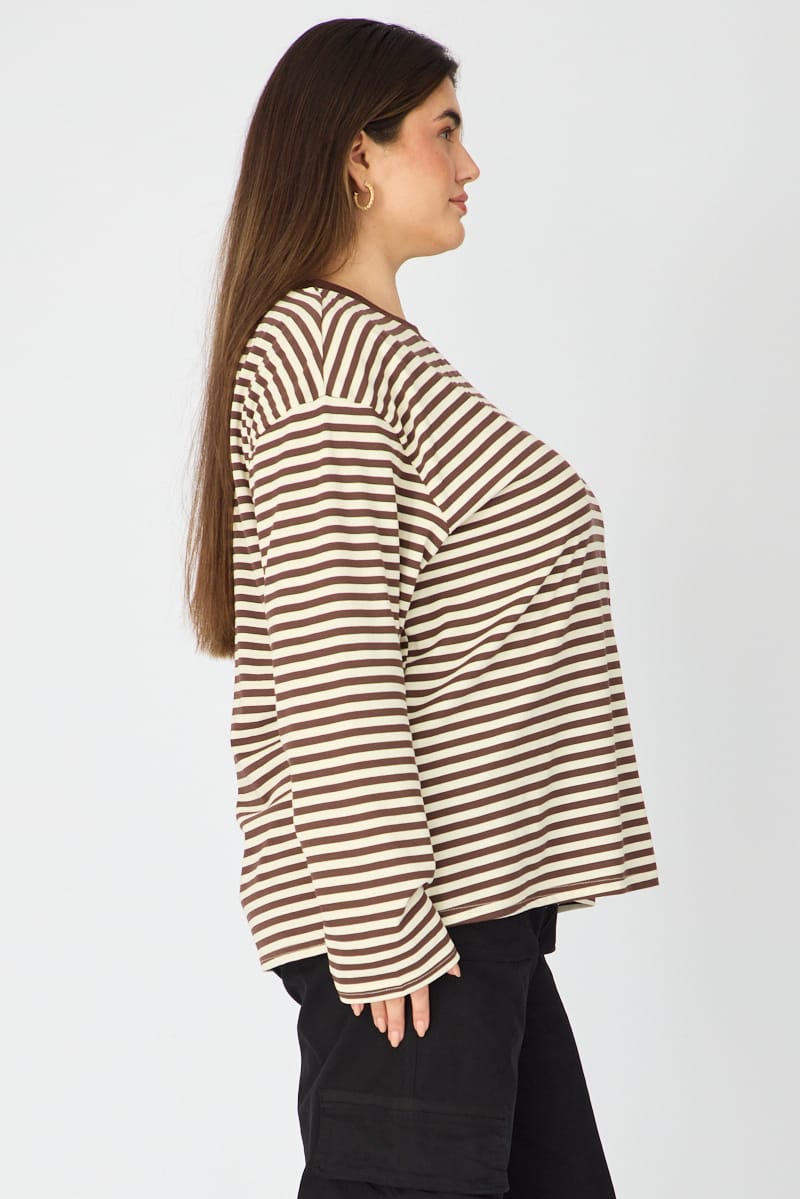 Brown Stripe Relaxed Top Long Sleeve for YouandAll Fashion