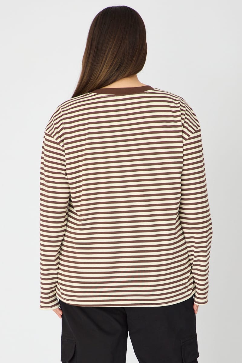 Brown Stripe Relaxed Top Long Sleeve for YouandAll Fashion