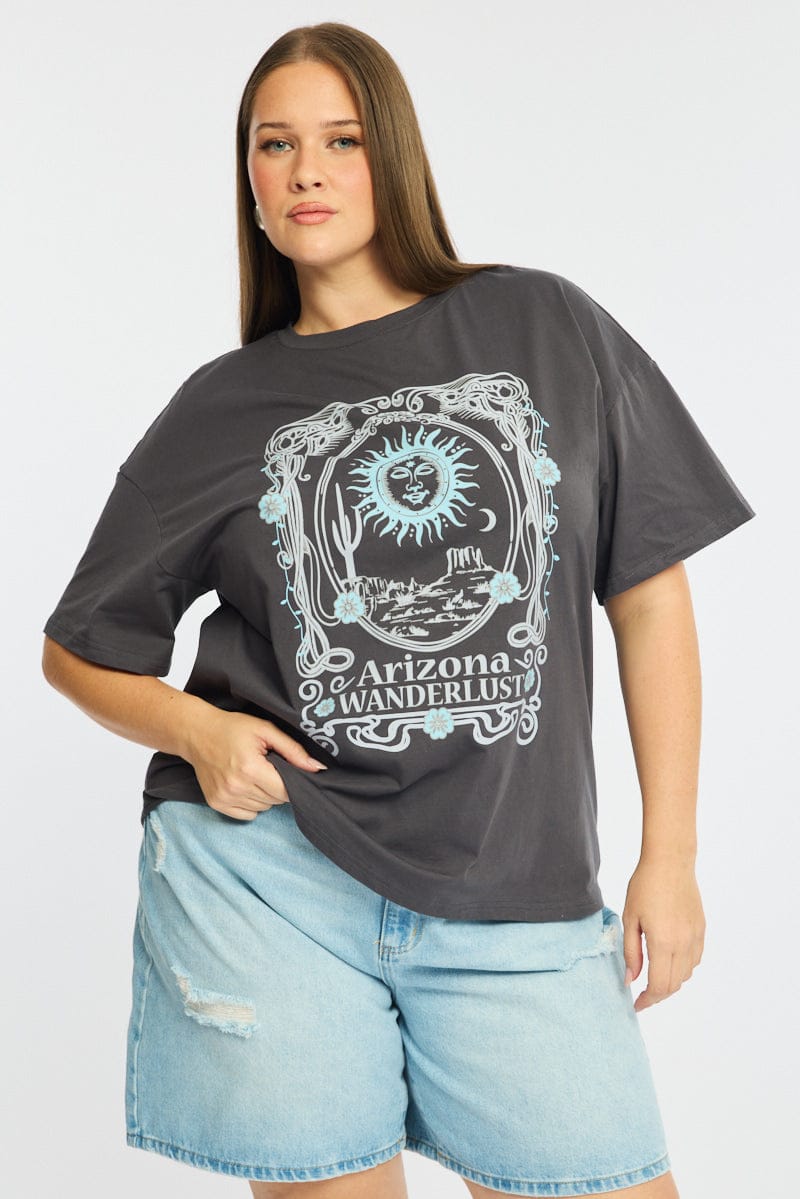 Grey Graphic Tee Short Sleeve for YouandAll Fashion