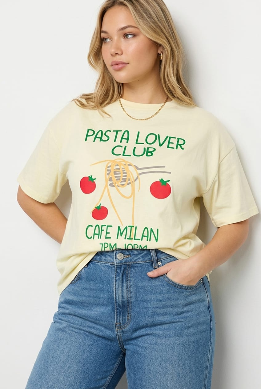 Yellow Pasta Graphic Tee Short Sleeve for YouandAll Fashion