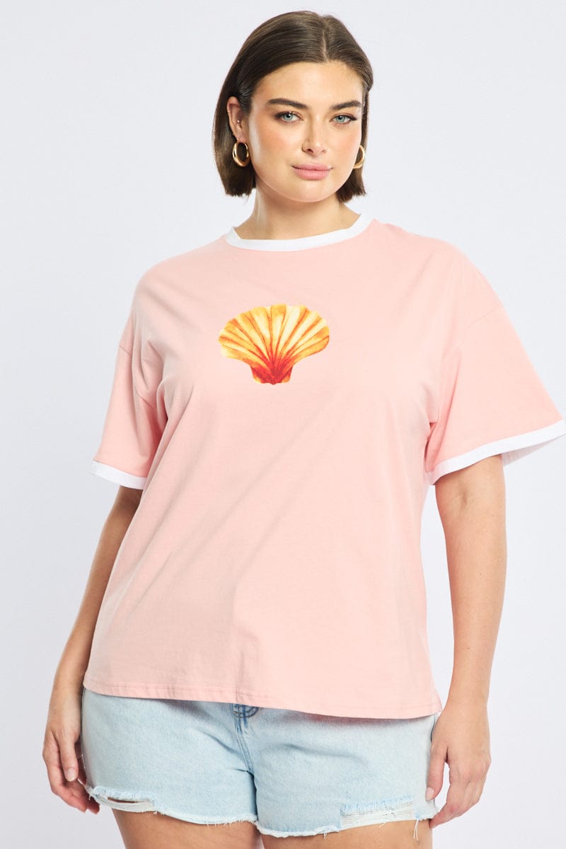 Pink Graphic Tee Short Sleeve Contrast Bind for YouandAll Fashion