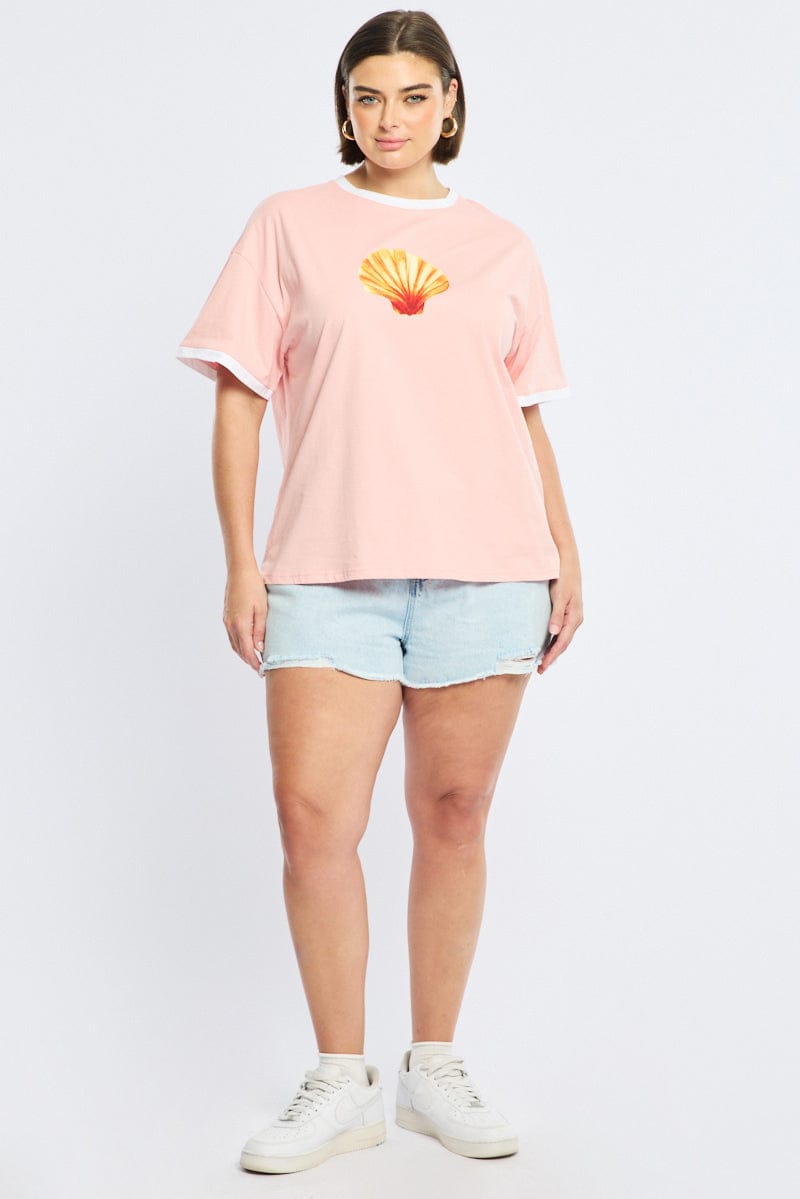 Pink Graphic Tee Short Sleeve Contrast Bind for YouandAll Fashion