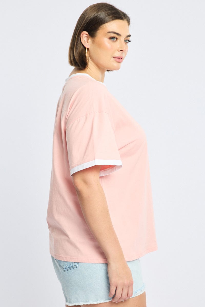 Pink Graphic Tee Short Sleeve Contrast Bind for YouandAll Fashion