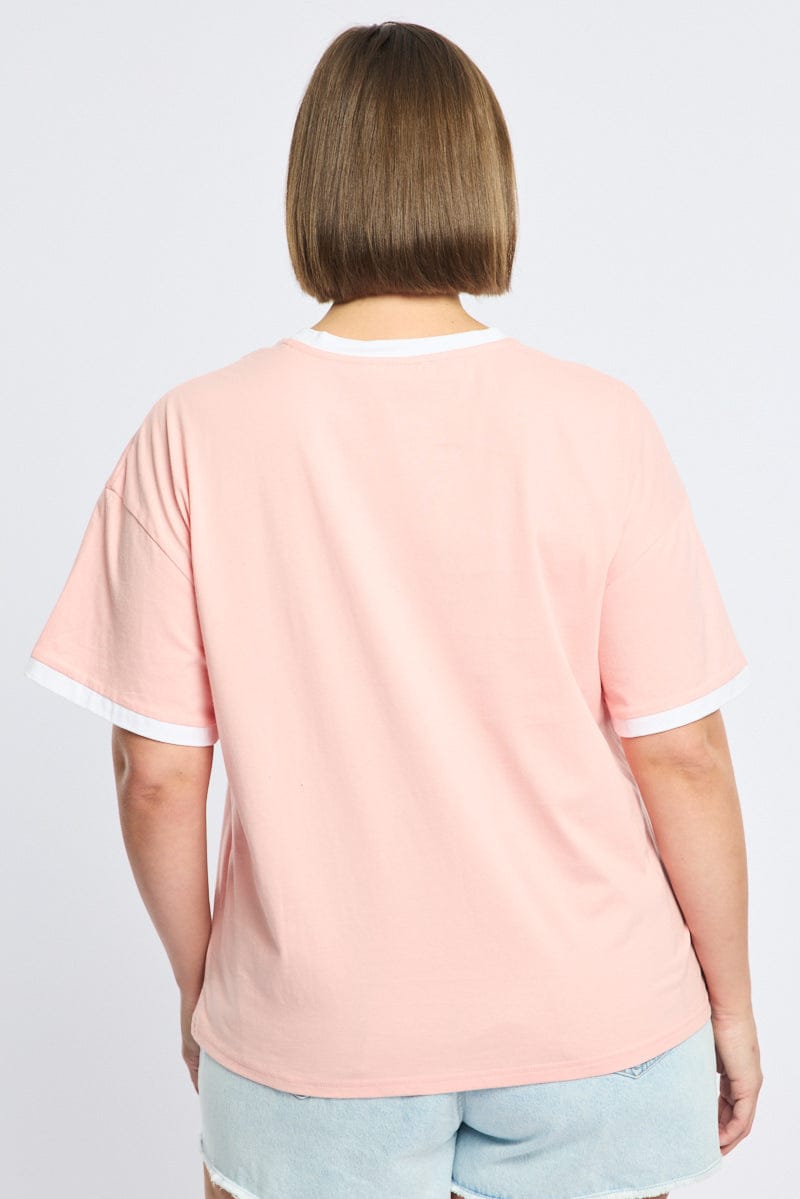 Pink Graphic Tee Short Sleeve Contrast Bind for YouandAll Fashion