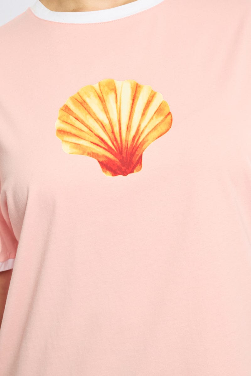 Pink Graphic Tee Short Sleeve Contrast Bind for YouandAll Fashion