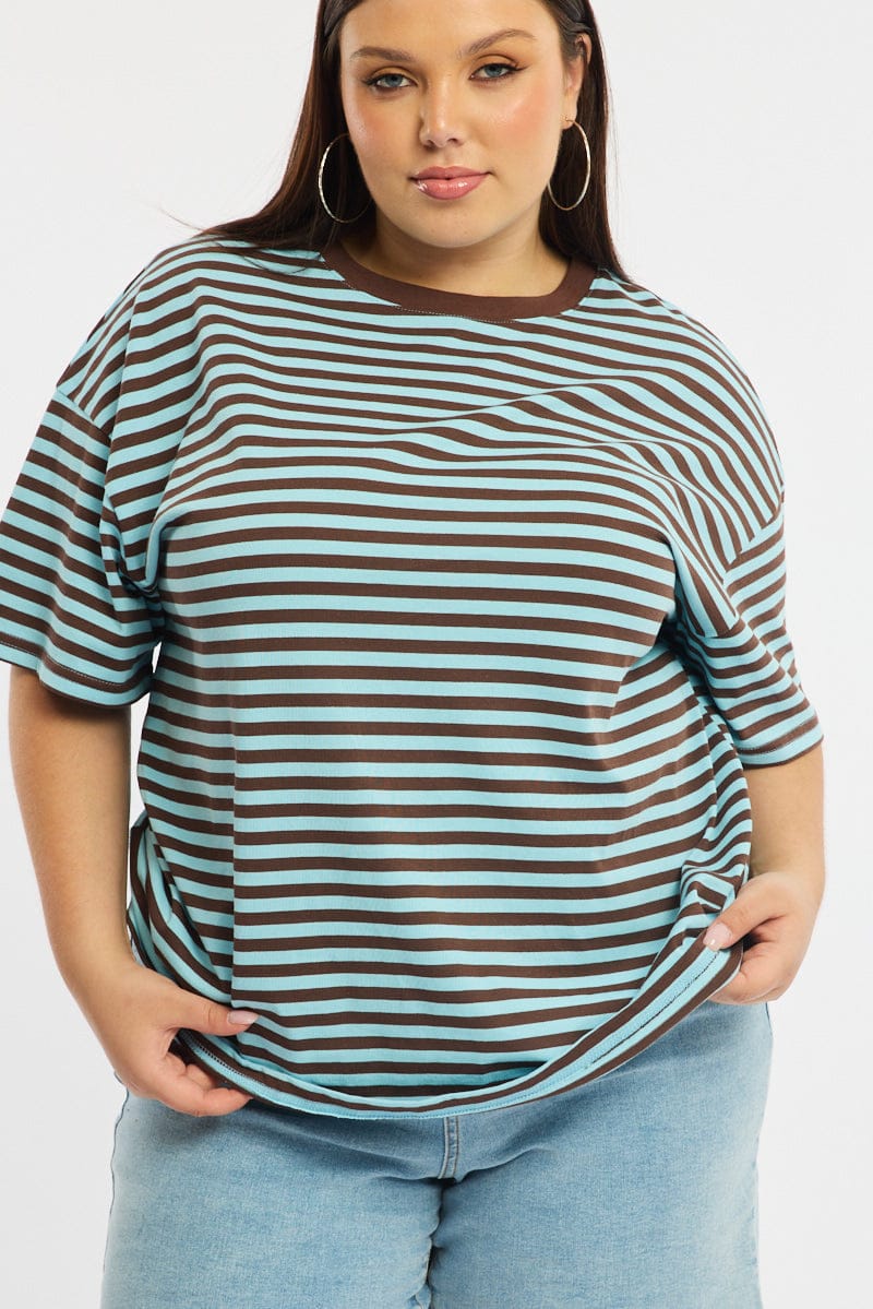 Brown Stripe Striped Tee Short Sleeve for YouandAll Fashion
