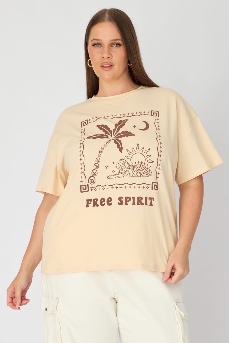Beige T-shirt Short Sleeve Graphic for YouandAll Fashion