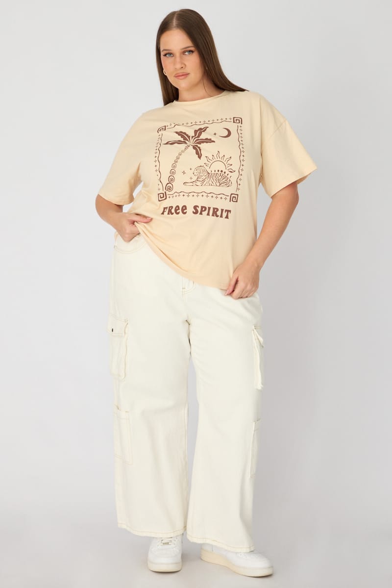 Beige T-shirt Short Sleeve Graphic for YouandAll Fashion