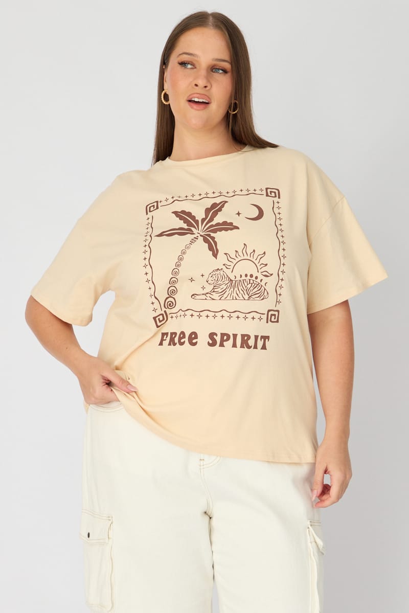 Beige T-shirt Short Sleeve Graphic for YouandAll Fashion