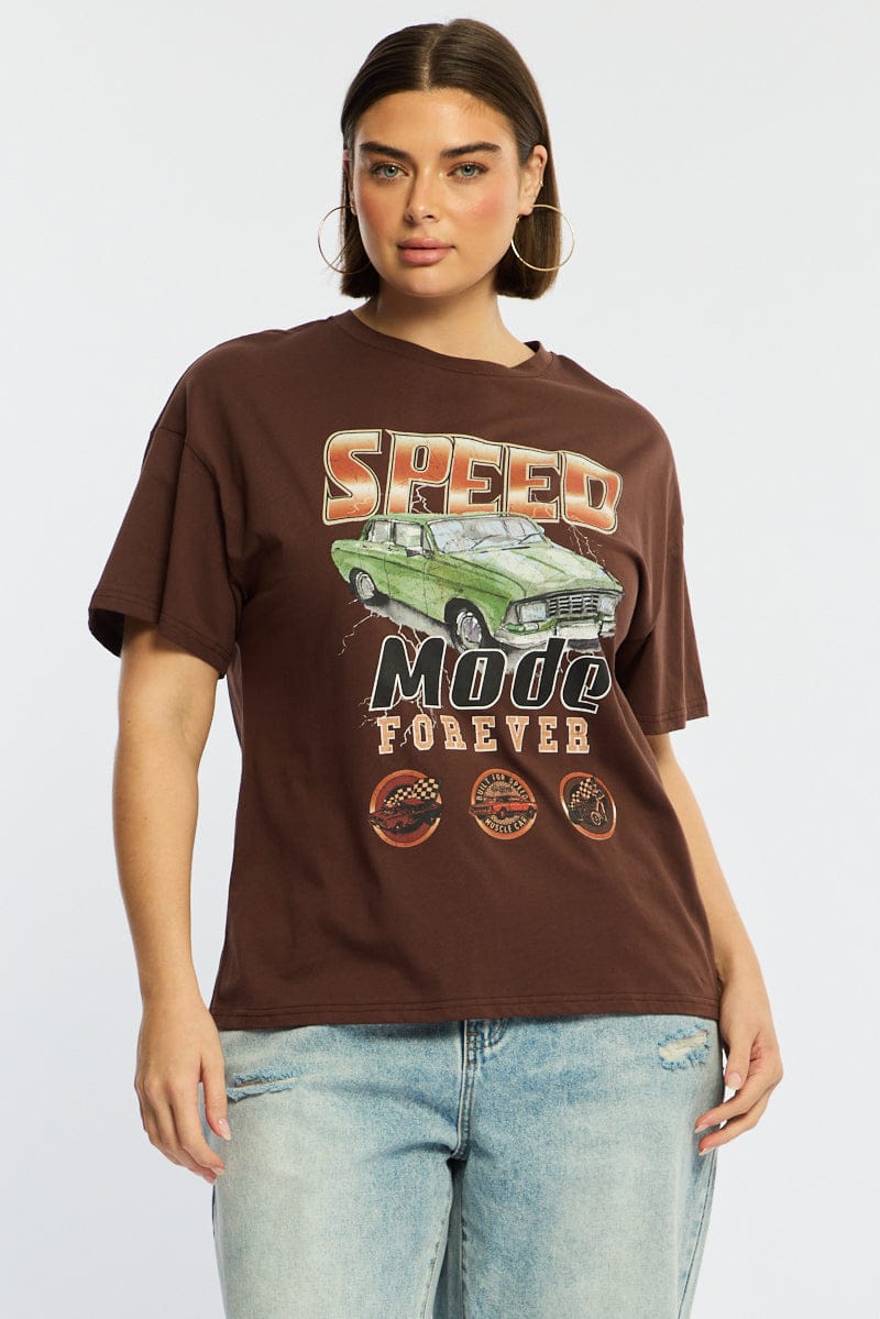 Brown Graphic Tee Short Sleeve for YouandAll Fashion