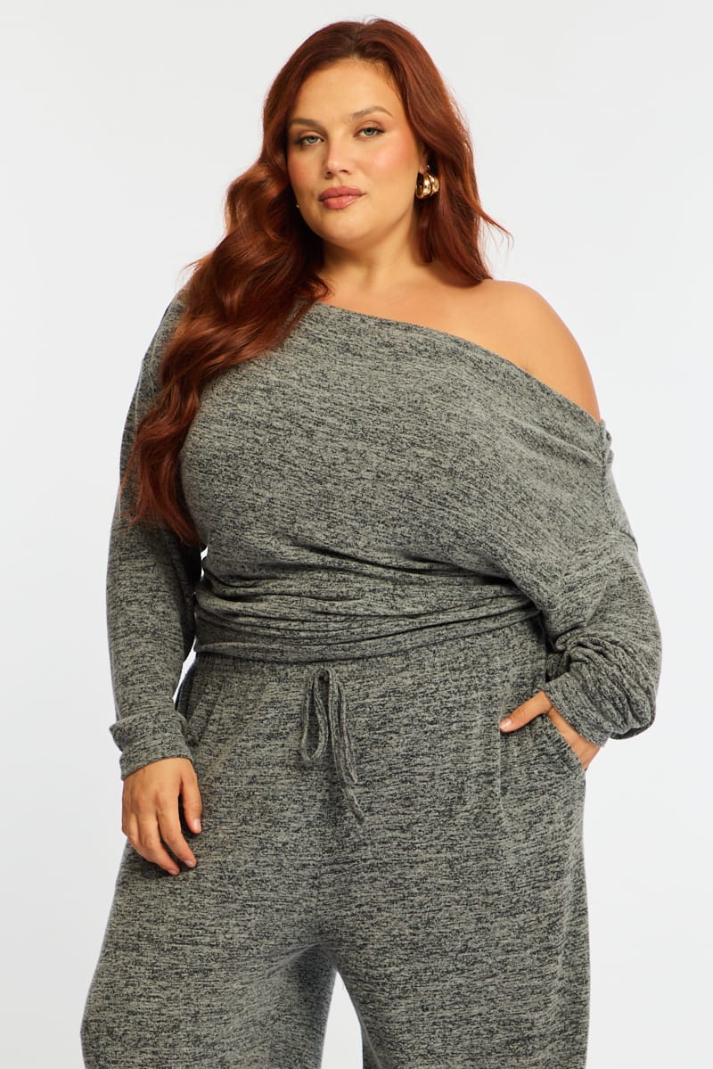 Grey Off Shoulder Top Long Sleeve for YouandAll Fashion