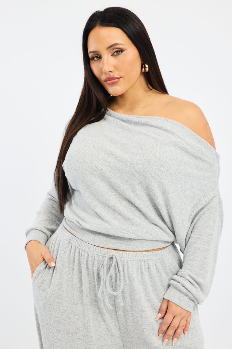 Grey Off Shoulder Top Long Sleeve for YouandAll Fashion