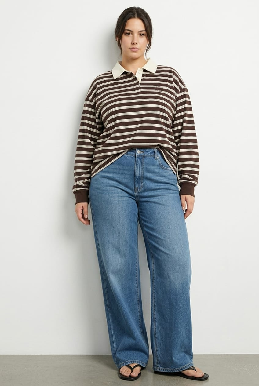 Brown Stripe Polo Top Long Sleeve for YouandAll Fashion