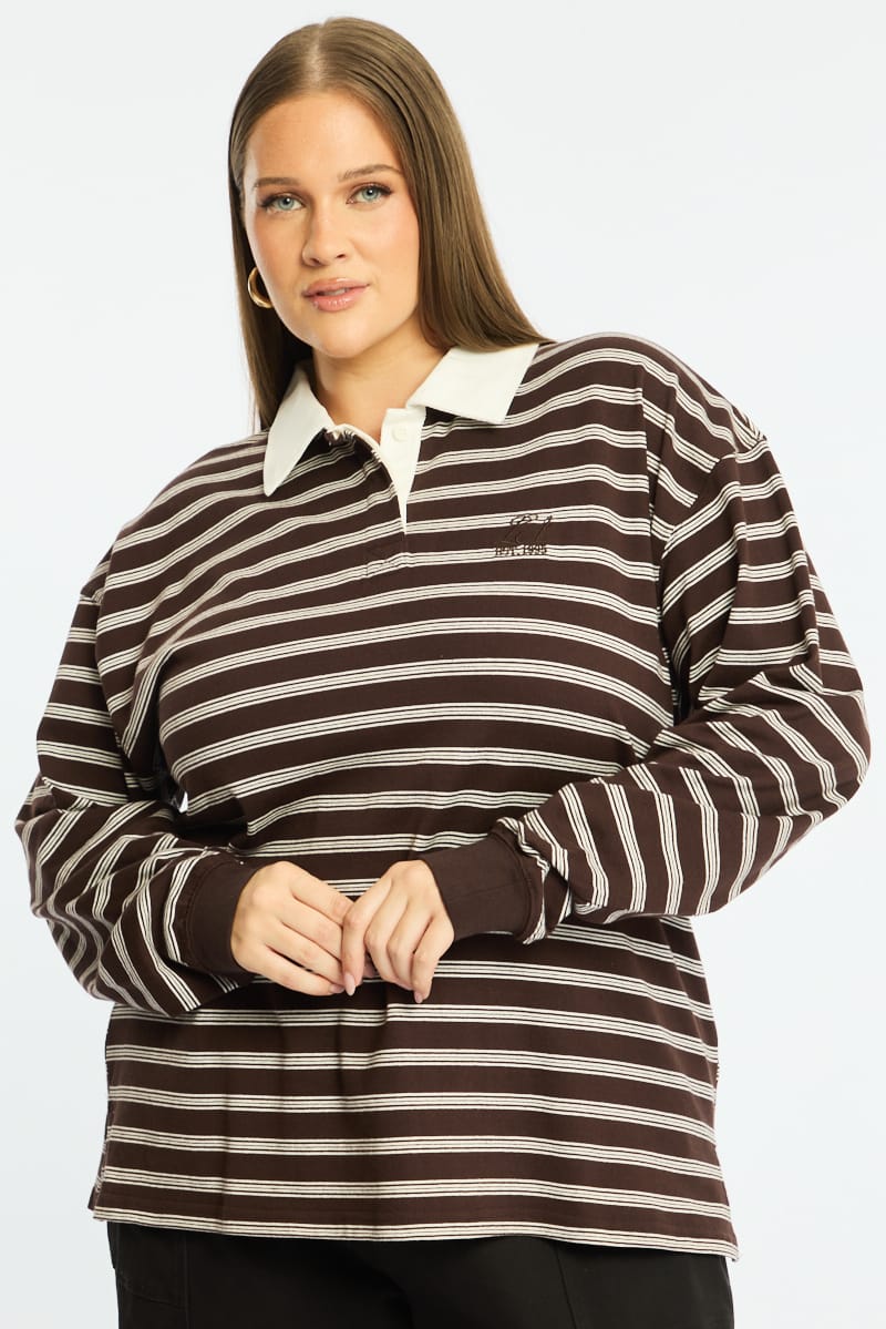 Brown Stripe Polo Top Long Sleeve for YouandAll Fashion