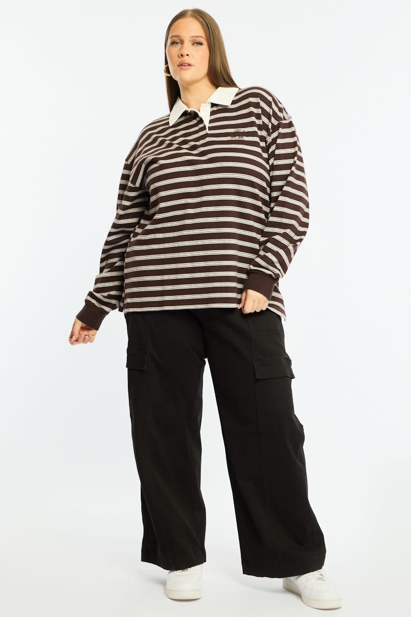 Brown Stripe Polo Top Long Sleeve for YouandAll Fashion