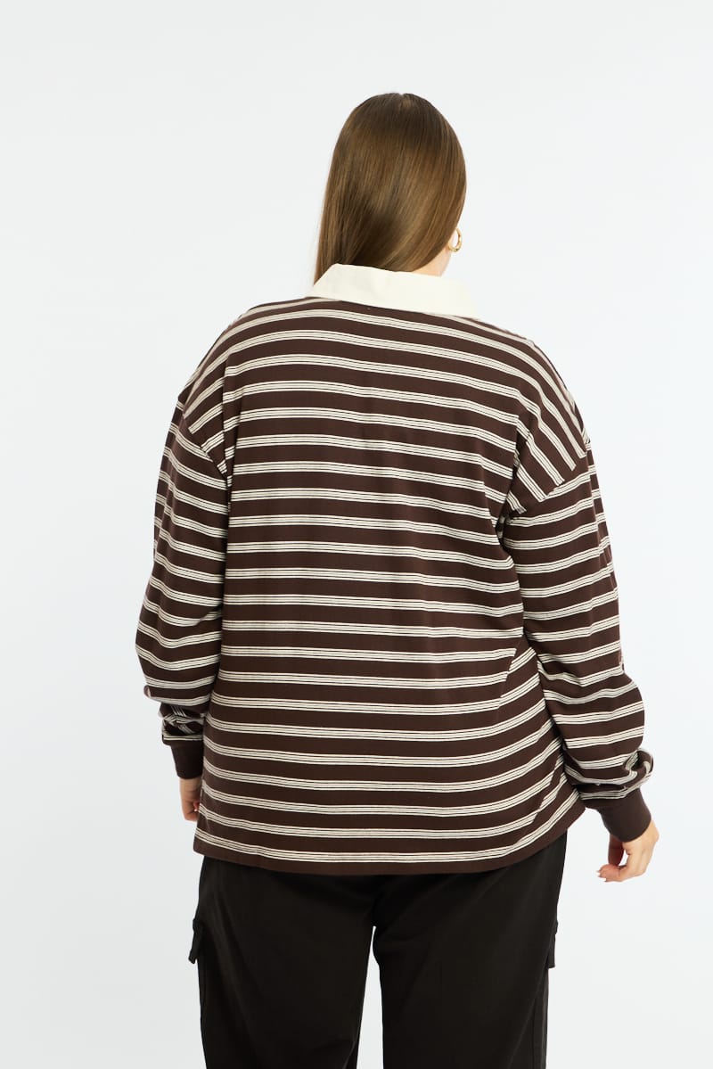 Brown Stripe Polo Top Long Sleeve for YouandAll Fashion