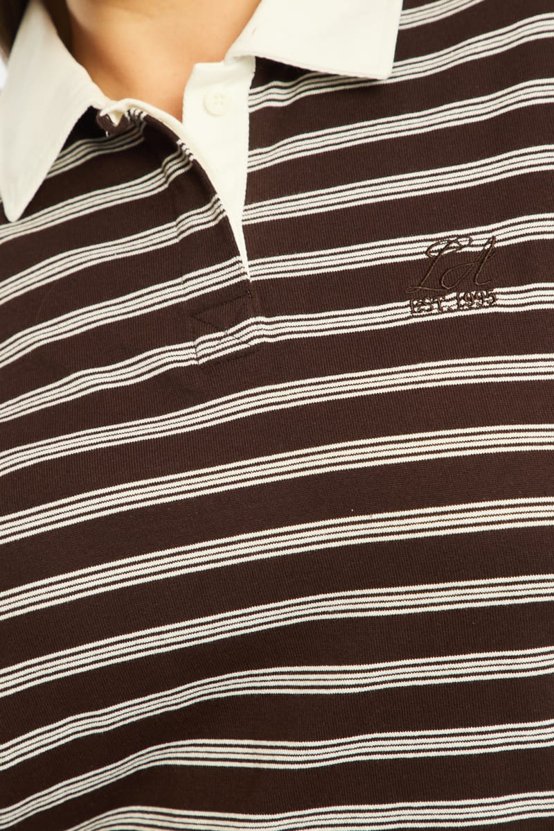 Brown Stripe Polo Top Long Sleeve for YouandAll Fashion