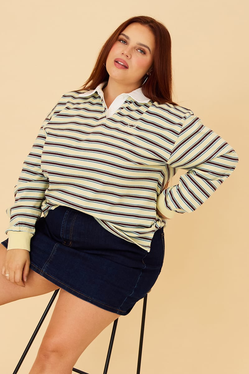 Yellow Stripe Polo Top Long Sleeve for YouandAll Fashion