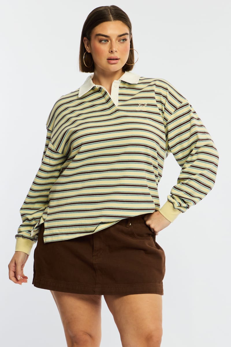 Yellow Stripe Polo Top Long Sleeve for YouandAll Fashion
