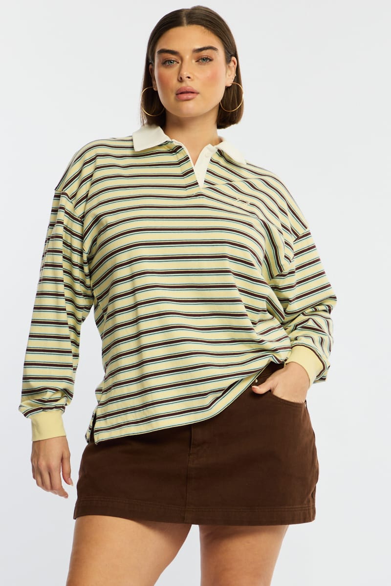 Yellow Stripe Polo Top Long Sleeve for YouandAll Fashion