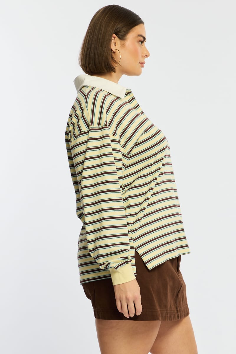 Yellow Stripe Polo Top Long Sleeve for YouandAll Fashion