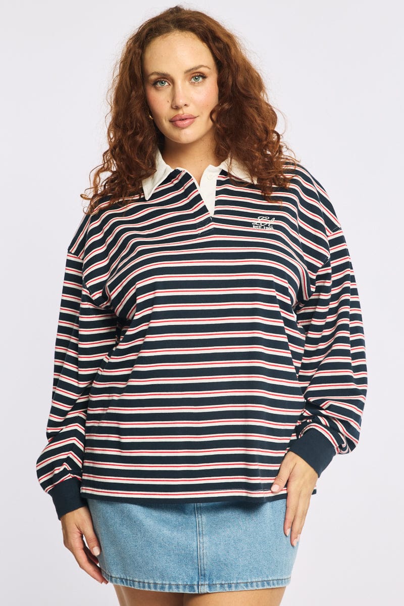 Blue Stripe Polo Top Long Sleeve for YouandAll Fashion