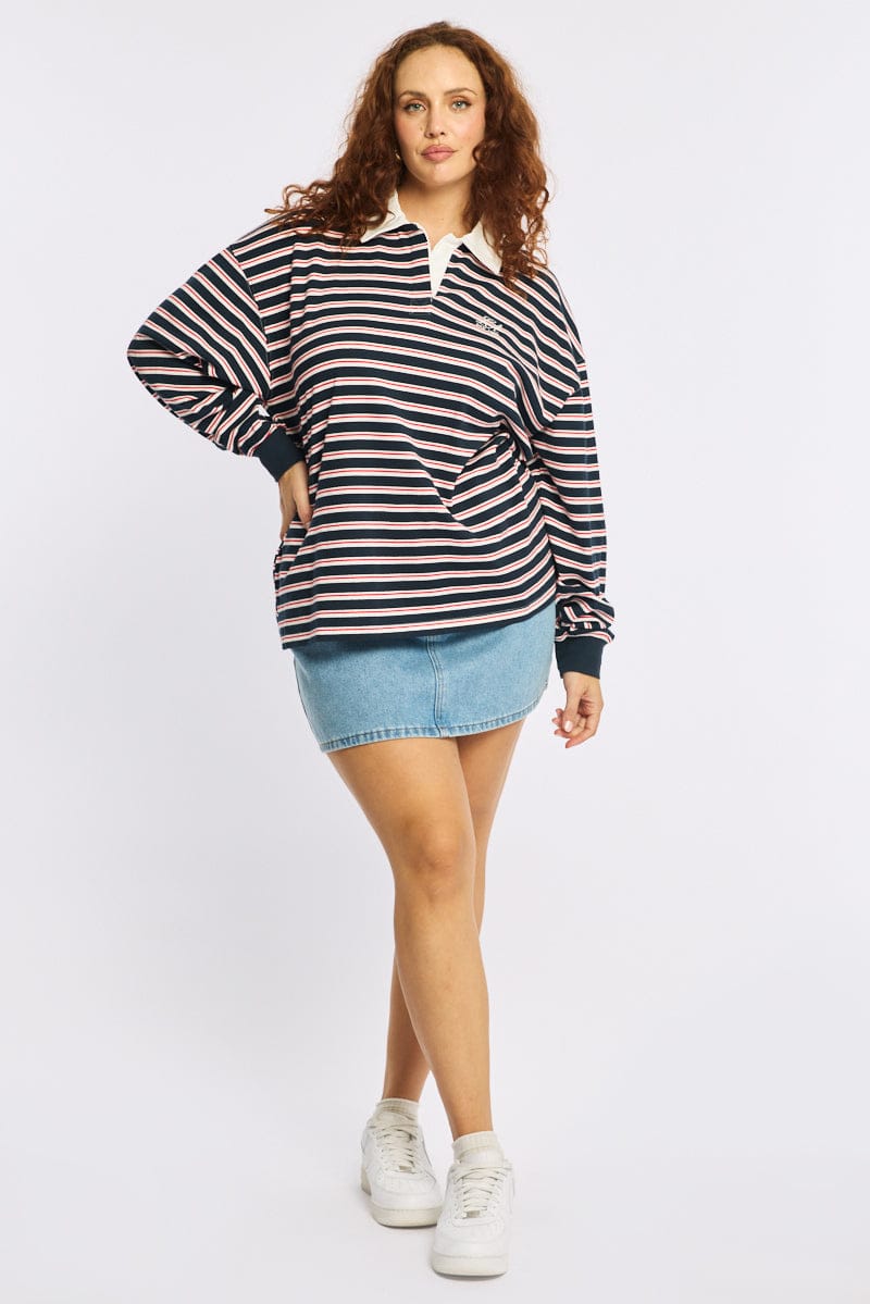 Blue Stripe Polo Top Long Sleeve for YouandAll Fashion
