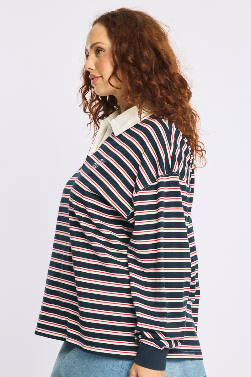 Blue Stripe Polo Top Long Sleeve for YouandAll Fashion
