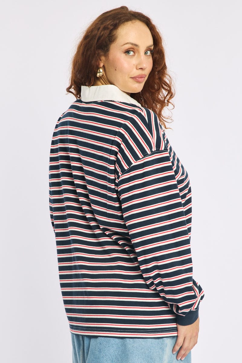 Blue Stripe Polo Top Long Sleeve for YouandAll Fashion