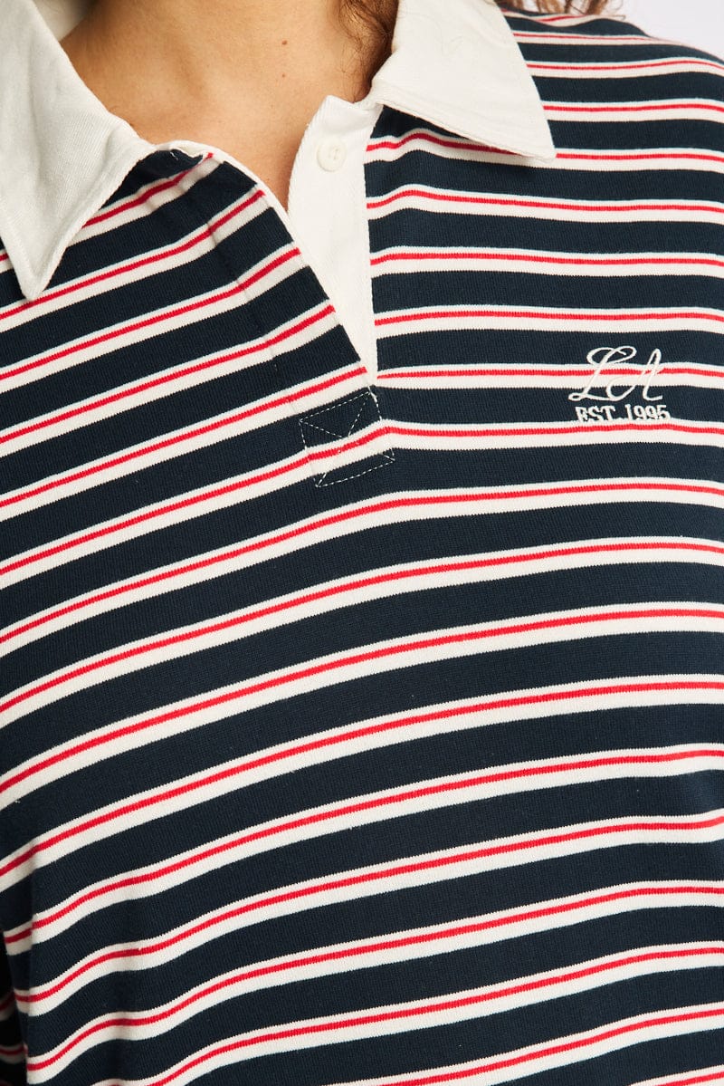 Blue Stripe Polo Top Long Sleeve for YouandAll Fashion