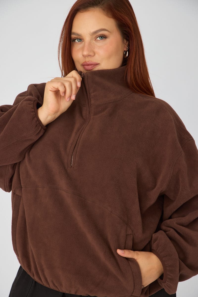 Brown Half Zip Sweat Long Sleeve Fleece for YouandAll Fashion